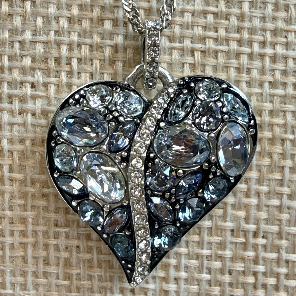 Brighton Trust Your Journey Reversible Heart Necklace Blue Crystal Silver Tone